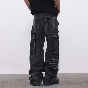 Pantalon cargo en denim pour homme, style vintage, broderie Y2K, hip hop, respirant, imprimé, ODM, tendance, multi-poches - Product Image 3