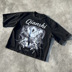 Camiseta Negra de Diseño con Efecto Desgastado, Estampado Vintage, de Algodón, Estilo Oversize, Fabricante de Camisetas con Lavado Ácido - Product Image 1