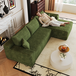 Canapé modulaire en tissu vert armée en forme de L avec coussins et accoudoirs rembourrés pour salon - Product Image 2