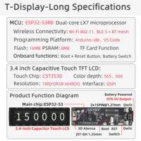 Placa DE DESARROLLO LILYGO de 3,4 pulgadas, pantalla táctil larga de pulgadas con WiFi inalámbrico TFT LCD para Bluetooth, Flash de 16MB
