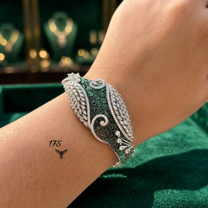 Luxury Brass Emerald Green Cubic Zirconia <b>Cuff</b> Bangle <b>Silver</b> Plated CZ Statement Bridal Openable <b>Bracelet</b> For Women - Product Image 3