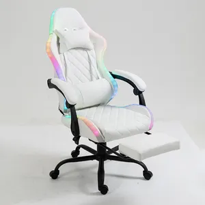 Profesyonel Sillas Gamer ergonomik döner beyaz deri masaj uzanmış e-spor oyun ayak dayayacaklı sandalye Rgb Led ışık