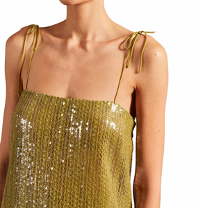Pistachio Green Sequined Halter Neckline <b>Spaghetti</b> <b>Strap</b> Diamonds Solid Color Casual Washable Midi Dress - Product Image 4