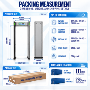 Uniqscan <span class=keywords><strong>UB500</strong></span> Metal Detector a 18 Zone ad Alta Sensibilità per Screening di Persone e Sicurezza, Arco Metallico per Controllo Accessi - Product Image 3