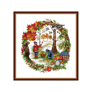 Kit de Broderie au Point de Croix DMC Scène Champignon Forêt Automne Enfance Estampillée pour Adultes Débutants DIY Décoration Toile Point de Croix - Product Image 1