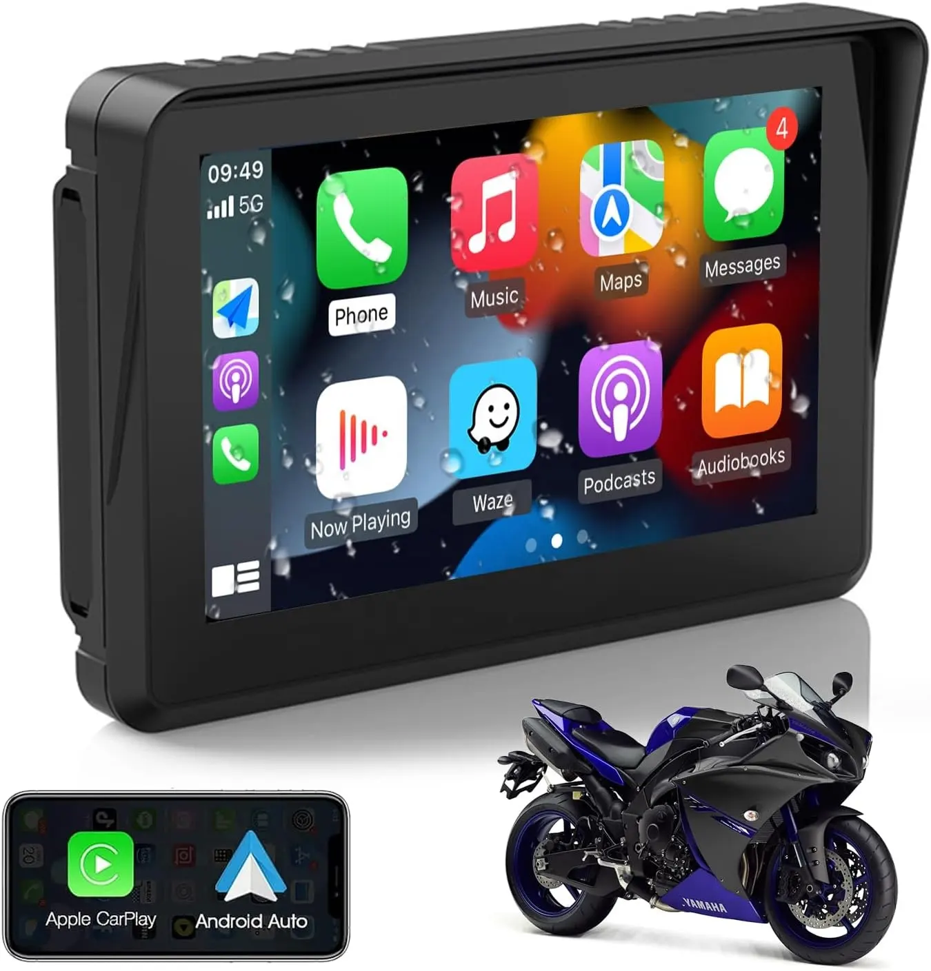 5" Motorcycle Wireless CarPlay Android Auto GPS Navigation Device with IPX7 Waterproof Touch Screen Support Mirror Link/FM//GPS