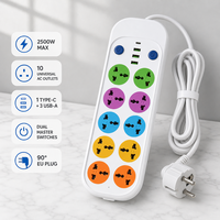 Multiprise universelle 2500W à 10 prises avec 1 port Type-C, 3 ports USB à charge rapide, double interrupteur, fiche UE à 90 degrés pour la maison et le bureau