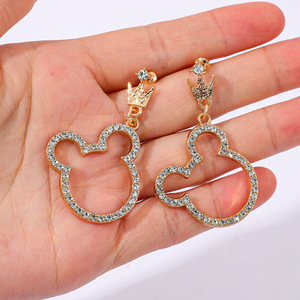 أقراط متدلية كورية أنيقة مطلية بالذهب ومرصعة بالألماس والأحجار الكريمة، أقراط على شكل حيوانات كرتونية لطيفة مثل ميكي ماوس للنساء والفتيات - Product Image 3