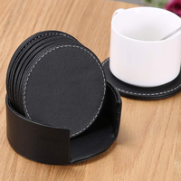 Dessous de verre en cuir PU pour table Ensemble de 6 sous-verres ronds noirs Tapis pour boissons Bar Tasses à café Verre