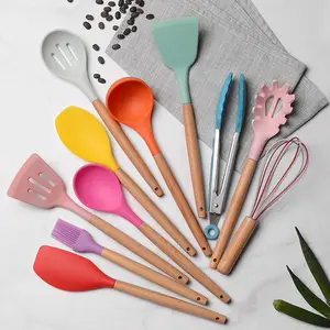 Wood Silicon Kitchen Utensil Set BPA Free Nonstick Kitchen Tools 12 Piece Wooden Handle Colored Cooking Kitchen Gadgets Silicone Kitchen Utensils Set With Holder