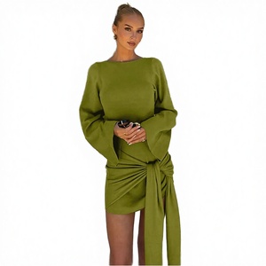 Vestido Mini Ceñido con Cuello Redondo y Manga Linterna, Detalle de Lazo Cruzado, Verde Sólido, Elegante para Fiesta, Vestido Ajustado de Otoño para Mujer - Product Image 3