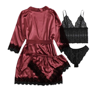 Luxury Silk <strong>Satin</strong> Pajamas Women Set 4pcs <strong>Lace</strong> Bridal <strong>Robe</strong> Sleeping Dress Silk Pajama Set For Women Sleepwear Sexy - Product Image 4