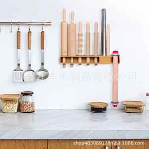 Wooden Wall Mounted Storage Rack For <b>Kitchen</b> Rolling Pins <b>Hook</b> Organizer No Drilling Required Simple Design Rectangle Shape - Product Image 3