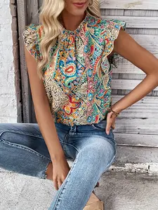 Paisley Print Blouse Met Ruches, Boho Blouse Met Ronde Hals En Korte Mouwen, Dameskleding