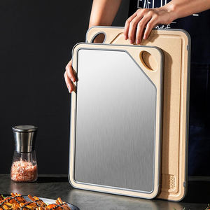 Nouveauté Planche à découper en acier inoxydable 304 double face avec <span class=keywords><strong>plateau</strong></span> <span class=keywords><strong>de</strong></span> service en paille <span class=keywords><strong>de</strong></span> blé PP pour la cuisine, la viande, les fruits et les légumes - Product Image 1