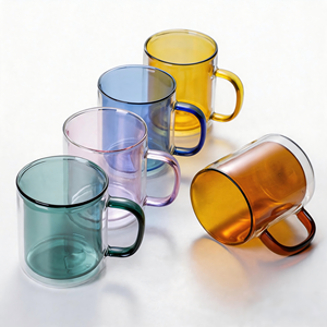 Tazza da Tè in <span class=keywords><strong>Vetro</strong></span> a Doppia Parete 350ml, Colore Personalizzabile, Bicchiere Resistente al Calore con Manico per Casa e Bar - Product Image 1