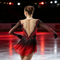 Robe de patinage artistique dégradé rouge et noir, dos en V profond, manches longues en maille, ornée de strass, pour enfants et adultes, pour compétition et performance