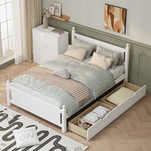 Solid Wood Platform <b>Bed</b> <b>Frame</b> <b>With</b> 2 Drawers <b>Storage</b> For Kids Bedroom <b>White</b> Color - Product Image 1