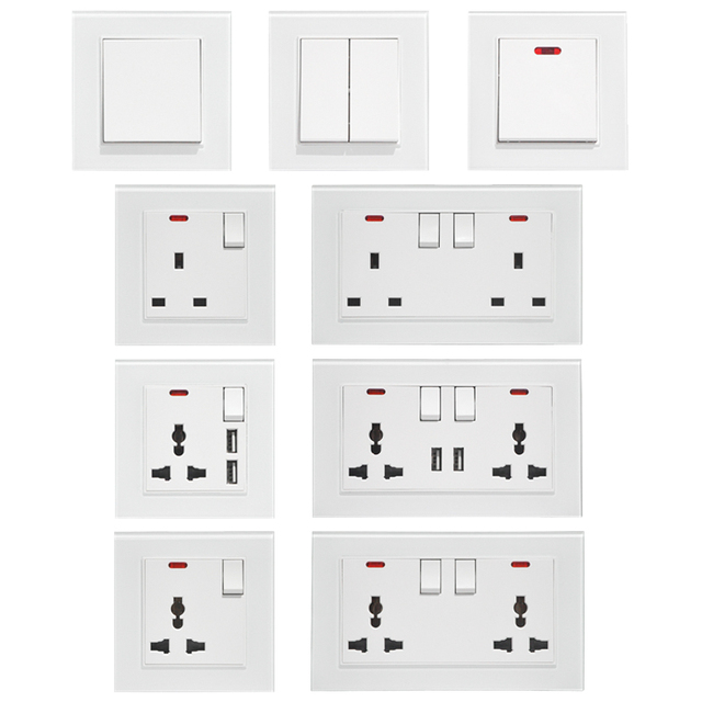 MVAVA UK British Standard PC Frame 1/2/3 Gang 13A Universal Electrical Power Double Outlet Wall Switch Socket with USB Port