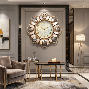 Orologio da Parete <span class=keywords><strong>Armens</strong></span> di Lusso in Stile Antico Moderno con Fiori e Conchiglie, Madreperla Naturale, Abalone Intarsiato, Cornice Placcata Oro e Strass - Product Image 1