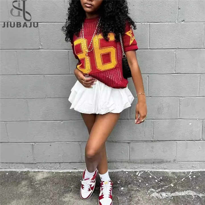 SEGT Women's Hollow Out Crochet Jersey Tee - Number Graphic Short Sleeve Knit T-Shirt