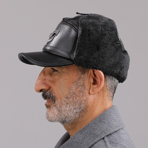 Gorro con orejeras de lana impermeable y cálido para hombre, gorra de béisbol de felpa negra ajustable para personas de mediana edad y mayores - Product Image 3