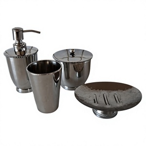 Ensemble de salle de bain moderne en acier inoxydable 4 pièces : distributeur de savon rond, gobelet, porte-brosse à dents, porte-savon – Facile à nettoyer, décoration intérieure - Product Image 1