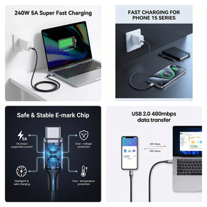 Cable USB Tipo C Trenzado de Nailon, 240W 5A, Carga Rápida, Cable USB C Personalizado de Fábrica, Trenzado, 1m 2m 3m, <span class=keywords><strong>Cargador</strong></span> Súper Rápido Tipo C - Product Image 2