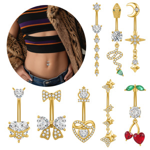 <span class=keywords><strong>Piercing</strong></span> Estetico per <span class=keywords><strong>Ombelico</strong></span> in Acciaio Inossidabile con Ciondoli a Forma di Ciliegia, <span class=keywords><strong>Serpente</strong></span>, Luna, Fiocco, Cuore, Stella e Zirconi, Gioielli per il Corpo da Donna per l'Estate e il Bikini - Product Image 1
