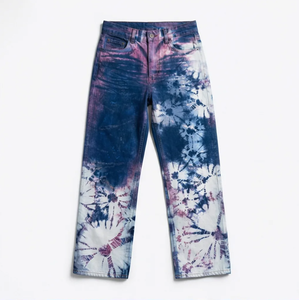 WangSheng - <span class=keywords><strong>Jeans</strong></span> Unisex con Estampado Tie Dye Degradado en Azul, Diseño Floral en Relieve, Cintura Alta, Estilo Vintage, Pierna Recta, Y2K - Product Image 1
