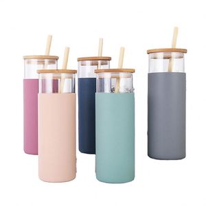 Gobelet en verre avec paille 500 ml, tasse en verre avec manchon en silicone, couvercle en bambou et paille en bois - Product Image 1
