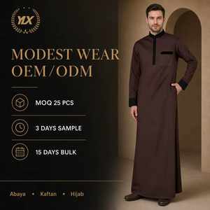 Thobe sur mesure pour homme, marron, manches longues, col mandarin, robe islamique, kaftan musulman, <span class=keywords><strong>dishdasha</strong></span>, OEM - Product Image 1