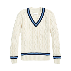 OEM y ODM logotipo personalizado Varsity Cricket Jacquard suéter de punto de algodón con cuello en V Cable Varsity uniforme suéter para el invierno - Product Image 2