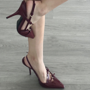 New Patent Leather - Word With Sandals Women's Black Silk Pointed Stiletto <b>Heels</b> - Product Image 2