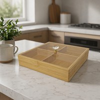 Vierdelige bamboe snackbox met kristallen handvat, transparant deksel en mogelijkheid voor aangepast logo.