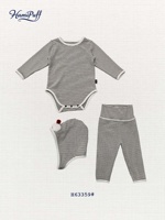 Conjunto de Tres Piezas para Bebé: Body de Manga Larga a Rayas, Leggings de Cintura Alta y Gorro con Pompones, Unisex, Informal, Transpirable, para Recién Nacidos