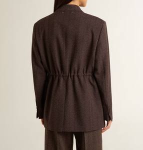 Blazer Cruzado con Cuello en V para Mujer en Color Marrón Oscuro, 100% Lana de Terciopelo con Función Antiarrugas y Bordado a Mano - Product Image 5