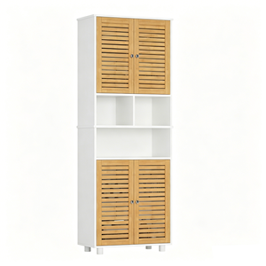Armoire <span class=keywords><strong>de</strong></span> salle <span class=keywords><strong>de</strong></span> bain haute et moderne, gain <span class=keywords><strong>de</strong></span> place, avec 3 compartiments ouverts, étagères réglables, 4 portes en bambou pour utilisation en salle <span class=keywords><strong>de</strong></span> bain - Product Image 1
