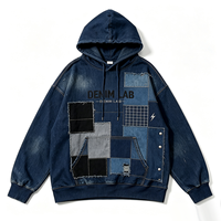 Sweat-shirt Streetwear Oversize à Capuche avec Cordon de Serrage, Broderie Multi-Patchs en Grille, Bords Effilochés, Effet Déchiré et Poche Kangourou, Impression DTG Kornit