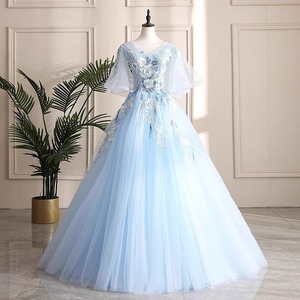 Blue Tulle Performance Gown Long Skirt Women Stage Costume Polyester Fiber Sequins Art Exam Folk Song Solo Bel Canto Tutu Dress - Product Image 1