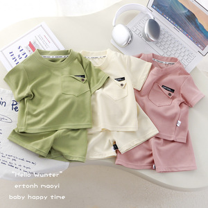 ชุดเสื้อผ้าเด็กฤดูร้อนขายส่ง 1-7 ปี ชุดเสื้อผ้าเด็กผู้ชายสีพื้น เสื้อยืดลำลอง กางเกงขาสั้น 2 ชิ้น ชุดเด็กผู้หญิง - Product Image 1