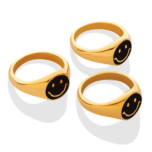 Anillo Moderno Minimalista con Cara Feliz, <span class=keywords><strong>de</strong></span> Acero <span class=keywords><strong>de</strong></span> Titanio, Chapado en Oro <span class=keywords><strong>de</strong></span> 18K, con Esmalte <span class=keywords><strong>de</strong></span> Gota <span class=keywords><strong>de</strong></span> Aceite, Ajustable para Mujer, Uso Diario, Casual, Social - Product Image 1