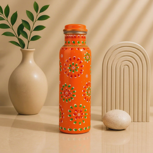 Orange Floral Enamel Copper Water Bottle Handmade Designer Printed Ayurvedic <b>Drinkware</b> Leakproof Reusable Eco Friendly Copper - Product Image 1