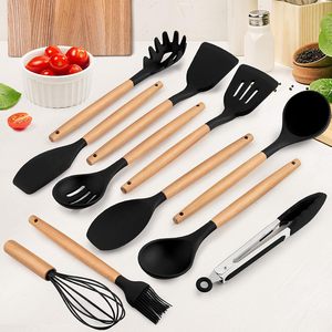 Juego de utensilios de cocina de silicona de grado alimenticio con mango de madera natural, utensilios de cocina - Product Image 2