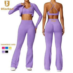 Wijd Uitlopende Broek Custom Fitness Outfit Vrouwen Activewear Mouwloze Tweedelige Private Label Naadloze Yoga Sets