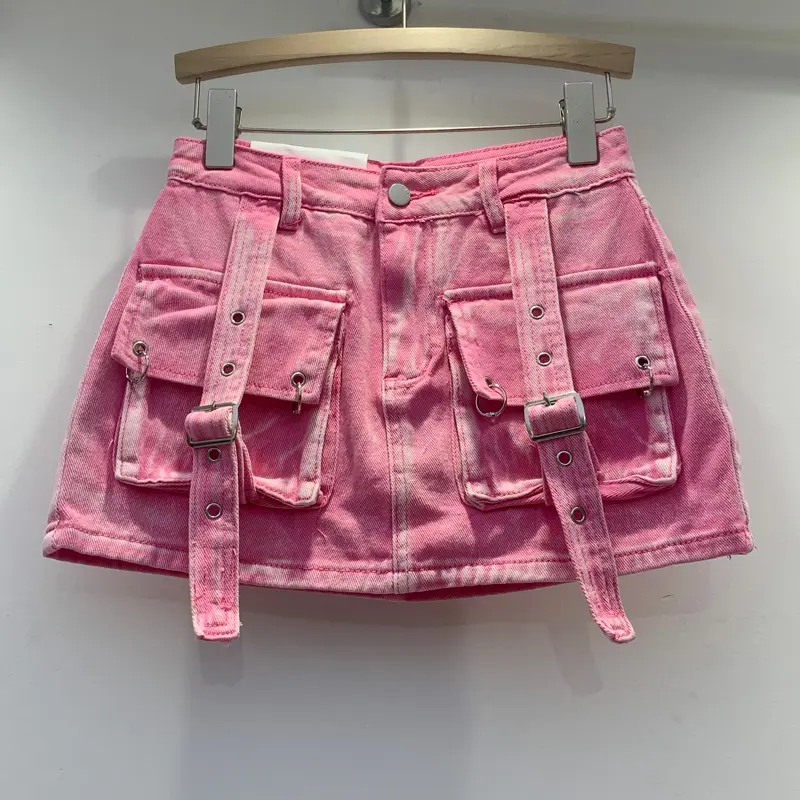 X11371C Trendy New Items Women's High Waist Wrap Hip Mini Denim Skirts 2024 Spring Fashion Pockets Cargo Skirt Female