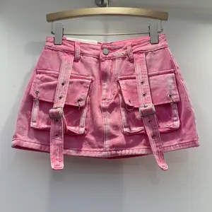 X11371C Hợp Thời Trang Các Mặt Hàng Mới Của Phụ Nữ Cao Eo Bọc Hip Mini Denim Váy 2024 Mùa Xuân Thời Trang Túi Hàng Hóa Váy Nữ