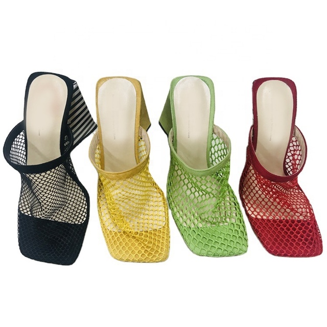 2021 Luxury Designer Women's Open Toe Mules Strange Heel Knitted PU  Leather Mesh High Heels Sexy Style for Summer and Winter
