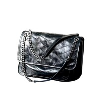Sac bandoulière pour femme en cuir véritable avec doublure, finition vintage huilée et cirée, sac à chaîne
