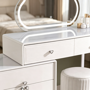 Coiffeuse moderne blanche avec miroir LED Cloud, meuble de rangement et tabouret pour chambre à coucher - Product Image 2
